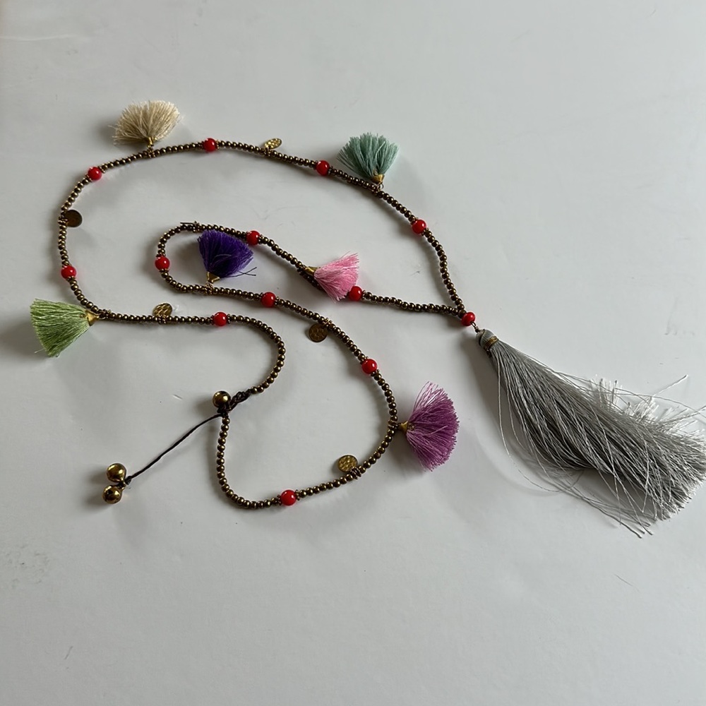 Tassel gold bead necklace boho festival jewelry jingle bells 16in drop 20in - Picture 4 of 4
